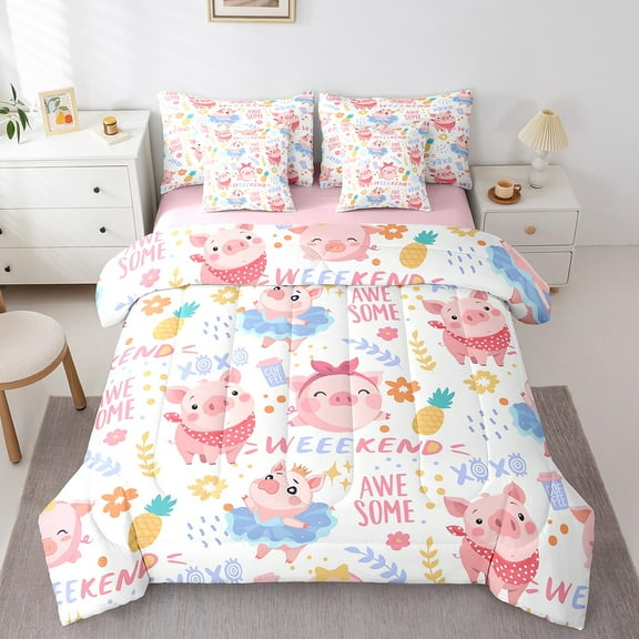 Erosebridal Cartoon Pig Bedding Sets Twin Size,Pink Blue Comforter Sets with Sheets,Cute Animal Bed in a Bag Twin size,Lightweight Kawaii Bedroom Decorative,Reversible,7-Piece