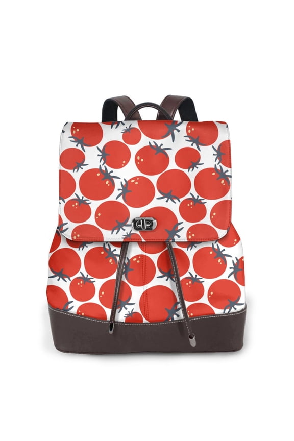 Hand Drawn Tomatoes Print Large Backpack Soft Leather for Women Travel with Compartment, Adjustable Convertible Strap