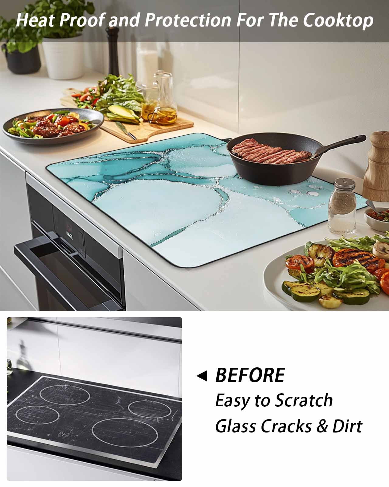 Stove Top Covers for Electric Stove, Marble Turquoise Glass Stovetop Cover Protector, Abstract Nature Cracks Silver Wavy Induction Cooktop Protector Oven Mat for Kitchen Countertop 24"x21"