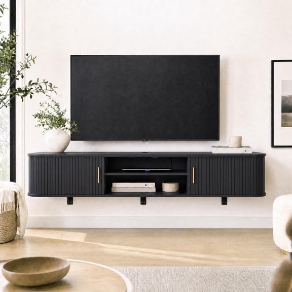 70" Floating TV Stand – Wall Mounted Media Console for TVs Up to 80", Fluted Front Storage Cabinet, Modern Under-TV Entertainment Center, Black