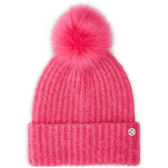 Steve Madden Women's Cloud Knit Faux-Fur Pom Pom Beanie - Hot Pink