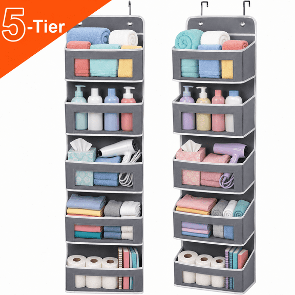 Pinshey® Over the Door Organizer, 5-Tier Hanging Storage with Large Pockets, Mesh Windows & Side Pockets for Nursery, Bedroom, Pantry, Dorm, Bathroom, Gray, 57.8" x 15.7" x 5.5"