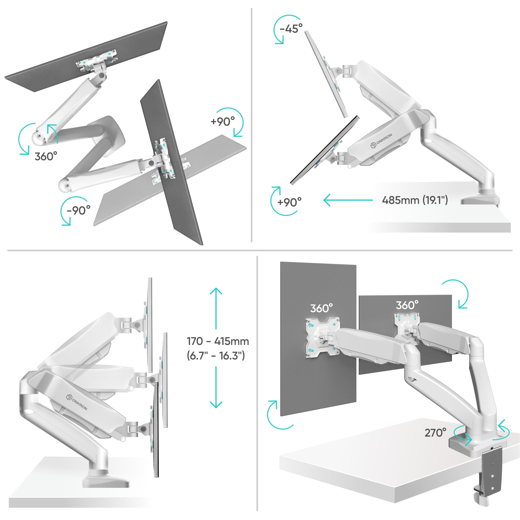ONKRON Dual Monitor Arm White for 13-32 inch Screens up to 17.6 lbs Each -  Monitor Mounts for 2 Monitors - Dual Computer Monitor Stand for Desk, VESA  75x75 100x100, Adjustable Gas