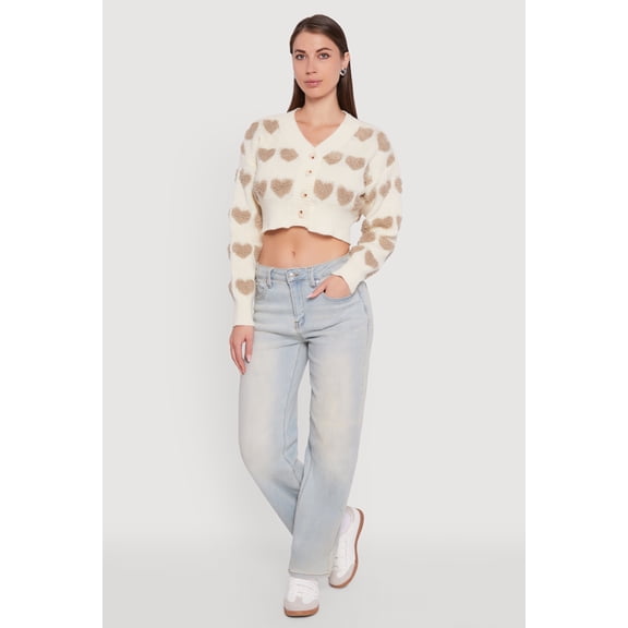 Women's Chenille Heart Patterned Brushed Knit Cropped Cardigan