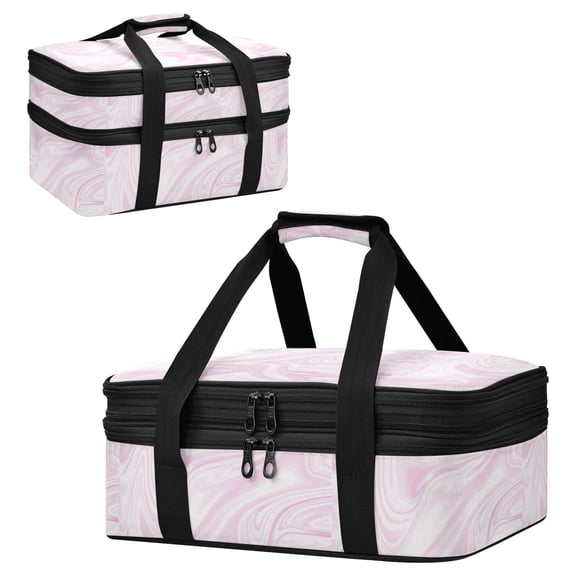 Large Double Decker Insulated Casserole Carrier Expandable 2-Layer Thermal Food Tote Bag Soft Blush Liquid Marble Tone Hot Cold Pizza Lasagna Holder for Potluck Picnic Party Camping