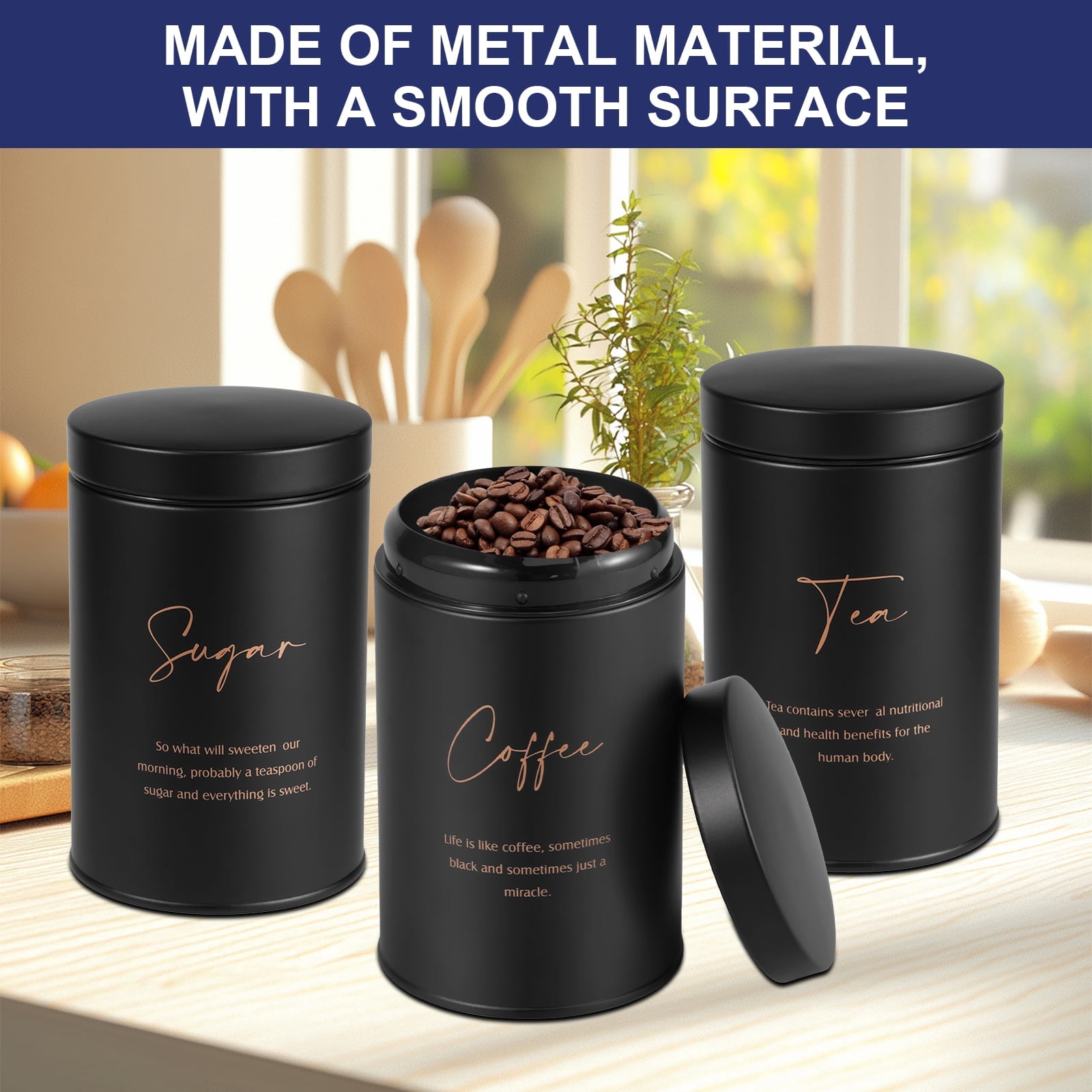 FUYGRCJ 3 Piece Black Canisters Sets for Kitchen, Airtight Sugar Tea Coffee Canister Set, Storage Jars for Coffee Container, Tea Organizer & Sugar Canister, Black Kitchen Canisters