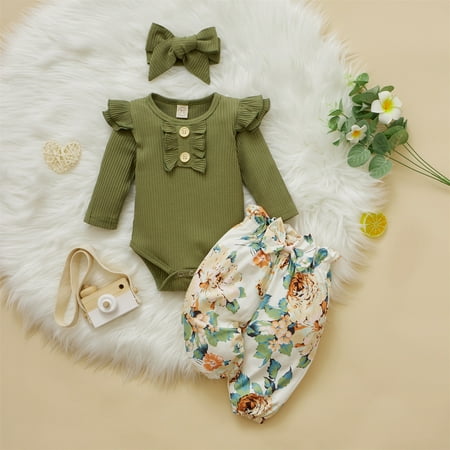 

0-18 Months Newborn Baby Girls Clothes Ribbed Ruffled Romper+Floral Pants+Headband Infant Outfit Set Green 6-12 Months