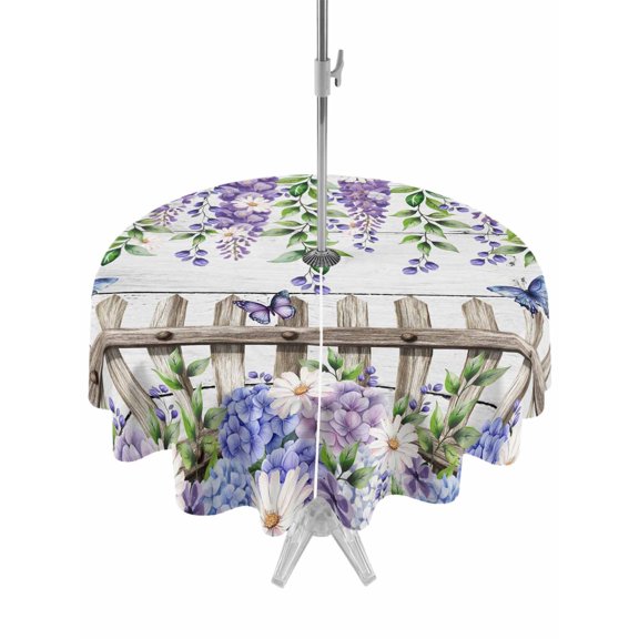 Outdoor Tablecloth with Umbrella Hole for Patio/Picnic/Party/Camping, Spring Purple Flowers Waterproof Table Cloth Round Cover Washable, Farmhouse Leaves Fences Gray Wood (Dia 54")