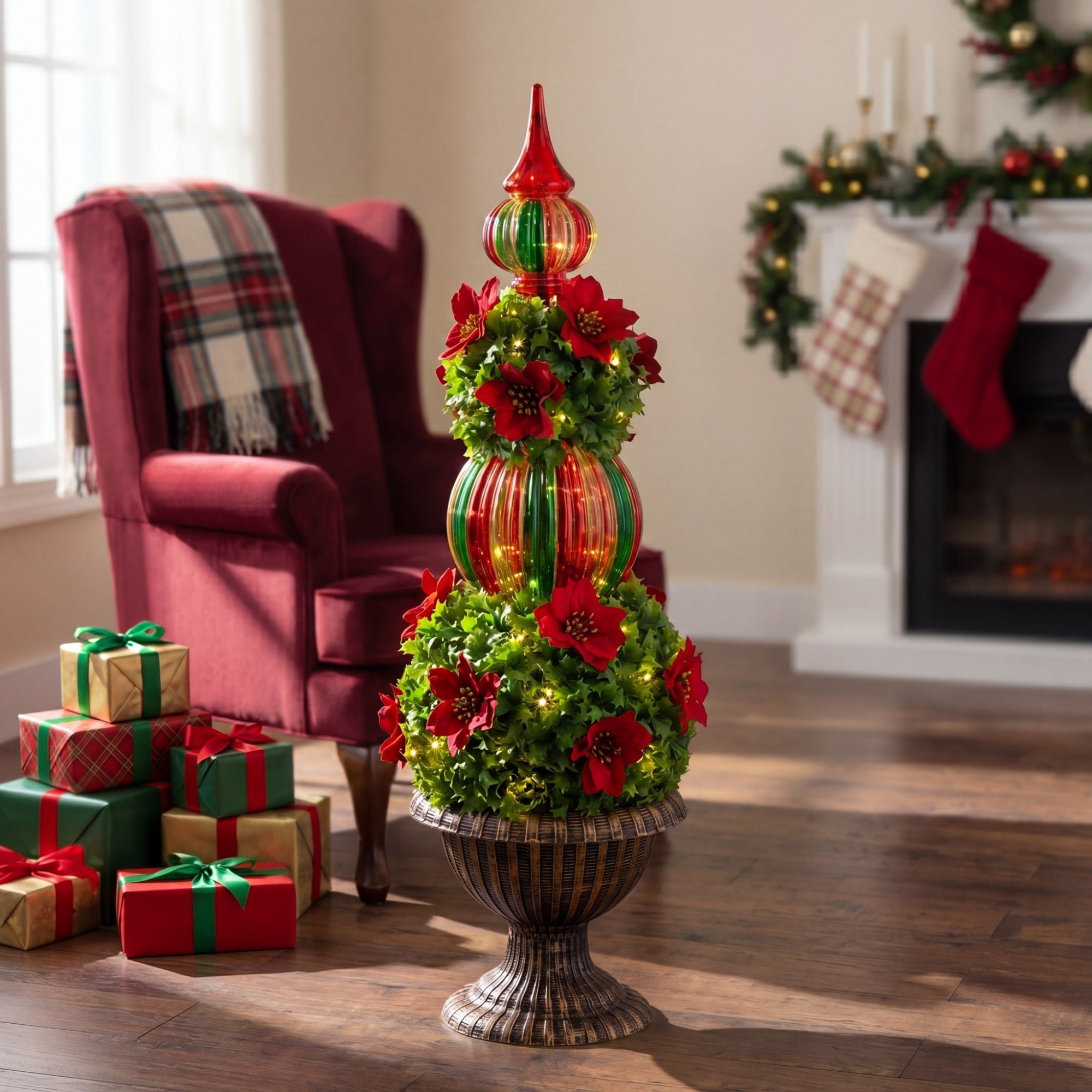 3ft. Pre-Lit Artificial Christmas Ornament Holly Berry Topiary Tree with Poinsettias and 70 LED Lights in Decorative Urn