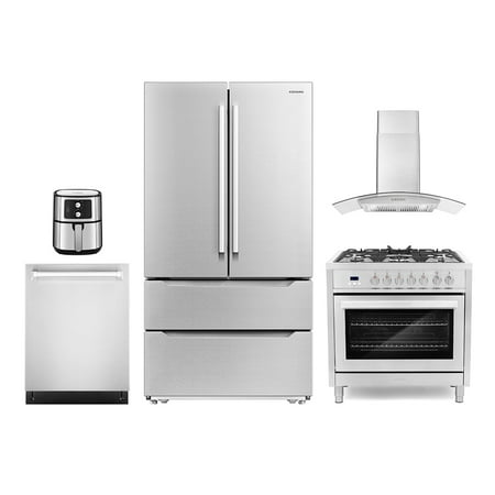 

5 Piece Kitchen Package with 36 Freestanding Dual Fuel Range 36 Wall Mount Range Hood 24 Built-in Fully Integrated Dishwasher French Door Refrigerator & 5.5L Electric Hot Air Fryer
