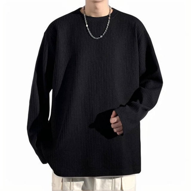 pstuiky manga larga de hombre, Blusa de cuello redondo con solapa interior y textura de color liso para hombre salir tops m
