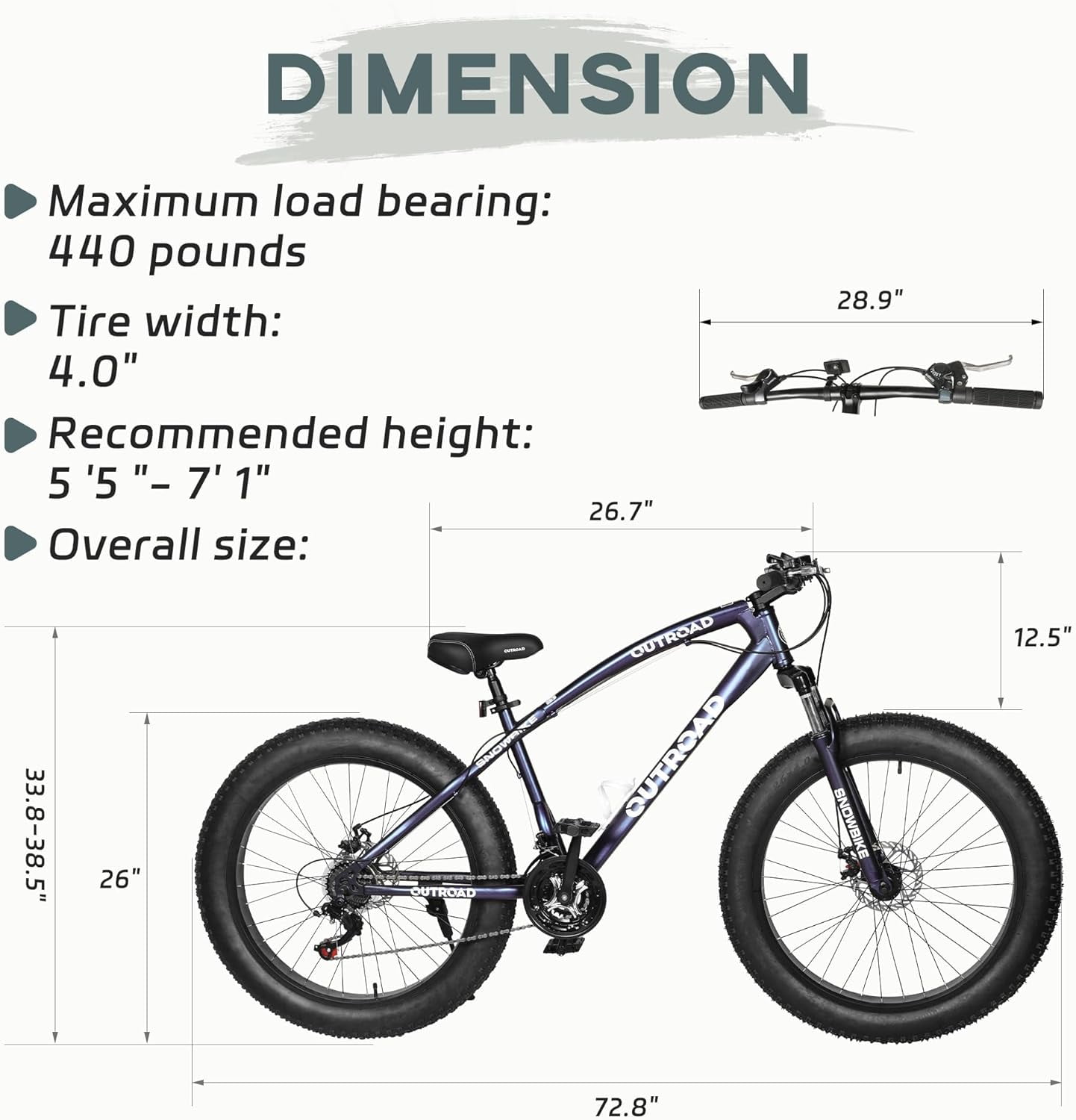 Marknig Fat Tire Mountain Bike with 26 inch Wheels, 21 Speed with High Carbon Steel Frame, Double Disc Brake and Front Suspension Anti-Slip Bikes, Purple