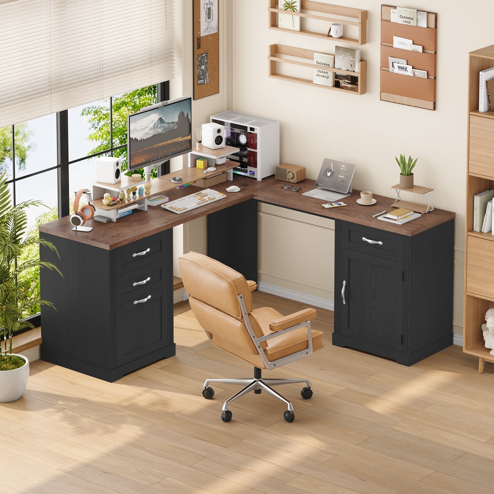 Homfa 59.8‘’W L-Shaped Computer Desk with 4 Drawers and Outlets, Modern White Study Writing Table Desk for Home Office，Black