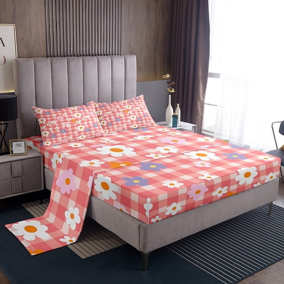 Erosebridal Groovy Flower Bed Sheets King,Geometric Buffalo Bedding King Size,Floral Decor,Super Cozy,4pcs