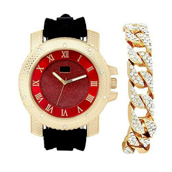 Charles Raymond Bling-ed Out Hip Hop Rubber Bullet Band Mens Watch and Iced Cuban Bracelet - RWC2021 (GJM Blk Red Glitter Gold)