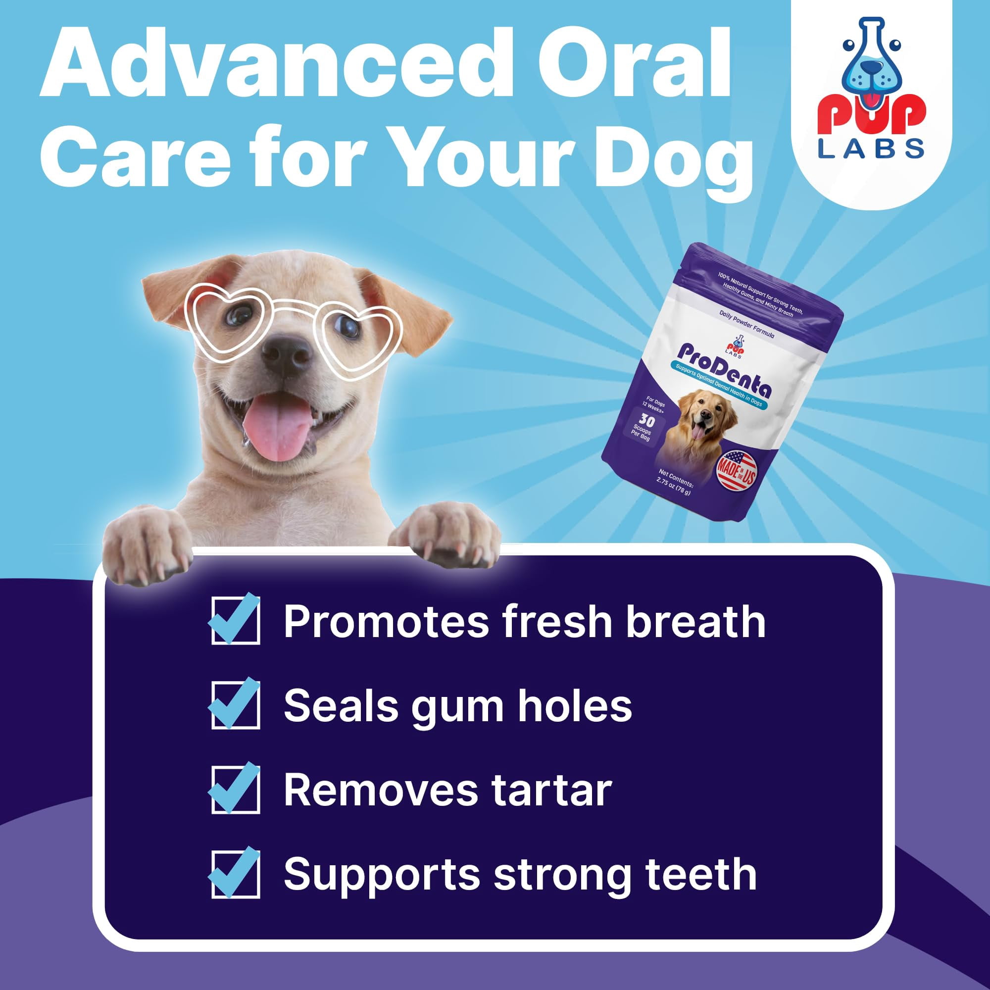 Pup Labs ProDenta, Tartar & Bad Breath Remover for Dogs, Plaque and Gum Support, 30 Scoops (3-Pack)
