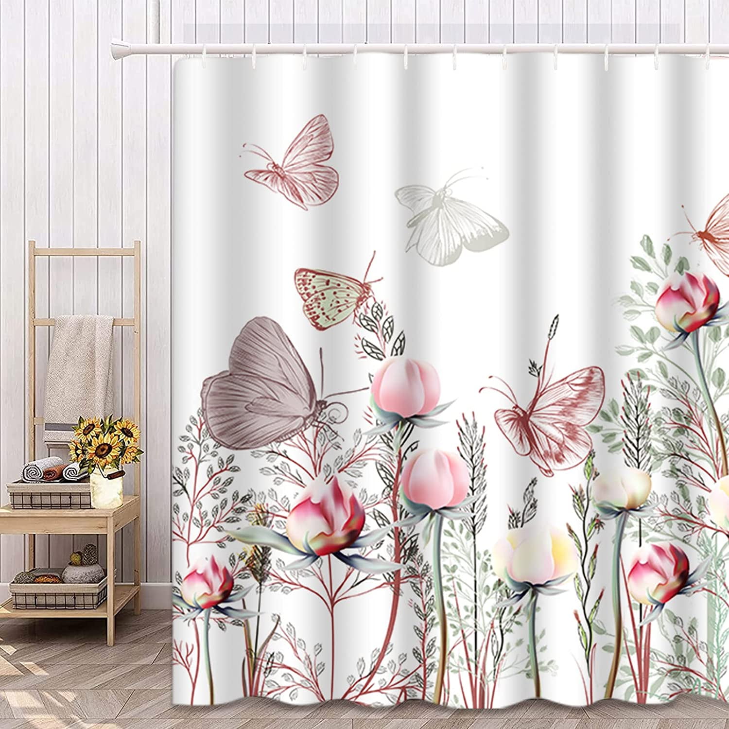 Blue Hydrangeas Shower Curtain 72 x 72 Inch, Spring Floral Daisy Shower Curtain Butterfly Shower