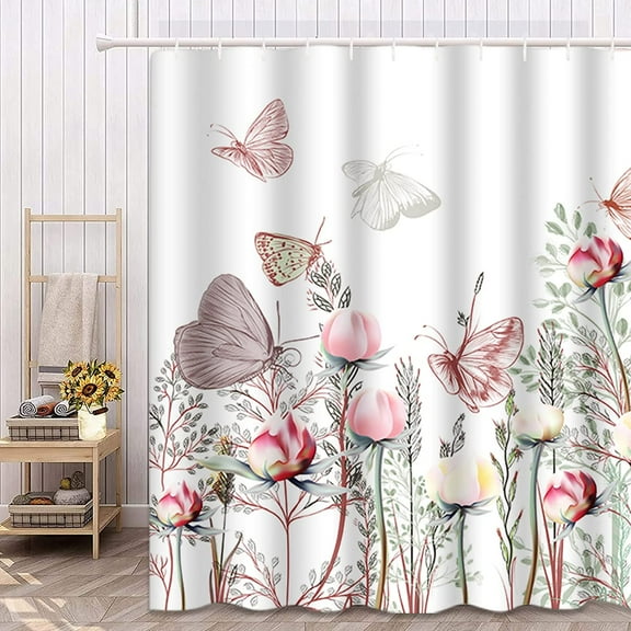 SPXUBZ Butterfly Shower Curtain 72 x 72 Inch, Watercolor Floral Pink Peony Shower Curtain Flower Plants Shower Curtain Spring Bathroom Decor, Polyester Fabric Waterproof with Hooks