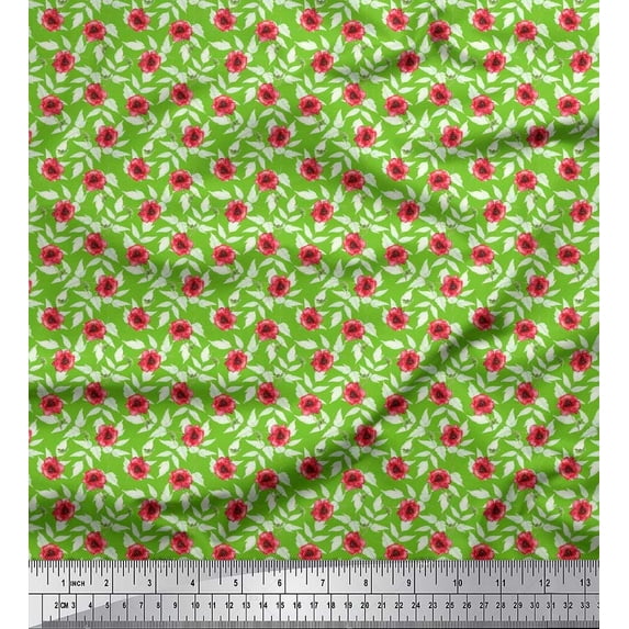 Soimoi Japan Crepe Satin Fabric Leaves & Poppy Floral Decor Fabric Printed Yard 42 Inch Wide