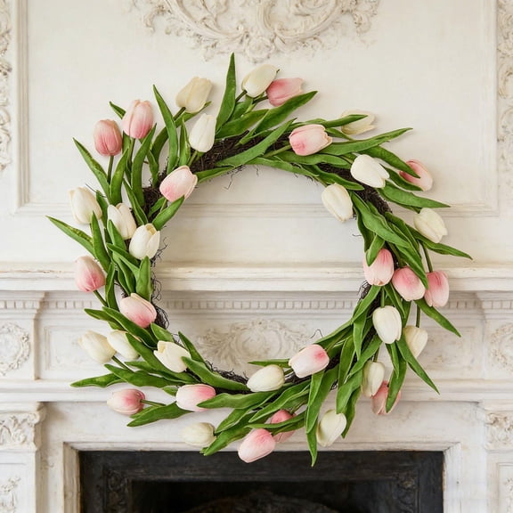 Spring Decor Artificial Door Wreath Spring Tulip Wreath for Front Door, 14" Mothers Day Artificial Flower Wreaths with Pink Tulips for Wall Window Party Wedding Decor