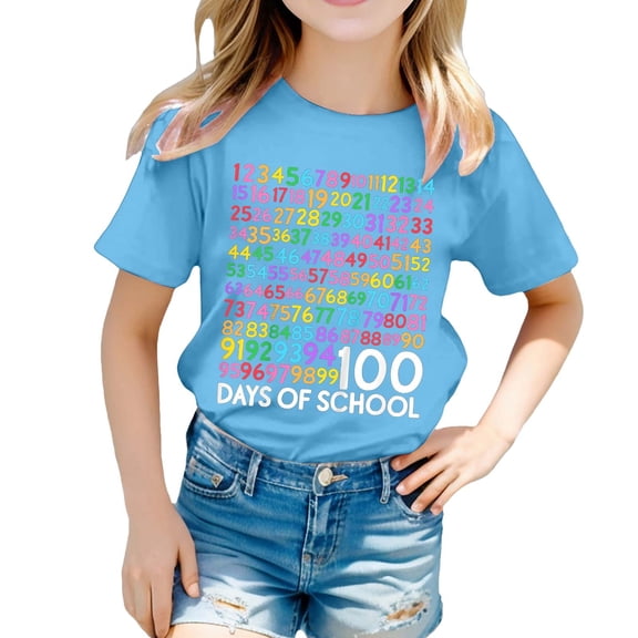 Big Kid Girls' Casual Printed Round Neck Short Sleeved Shirt T Shirt Casual Girls Fashion Tops Top Girls 6 Flower Tops for Top for Age 9 Little Pack Shirts Little High 8-9 Years Blue