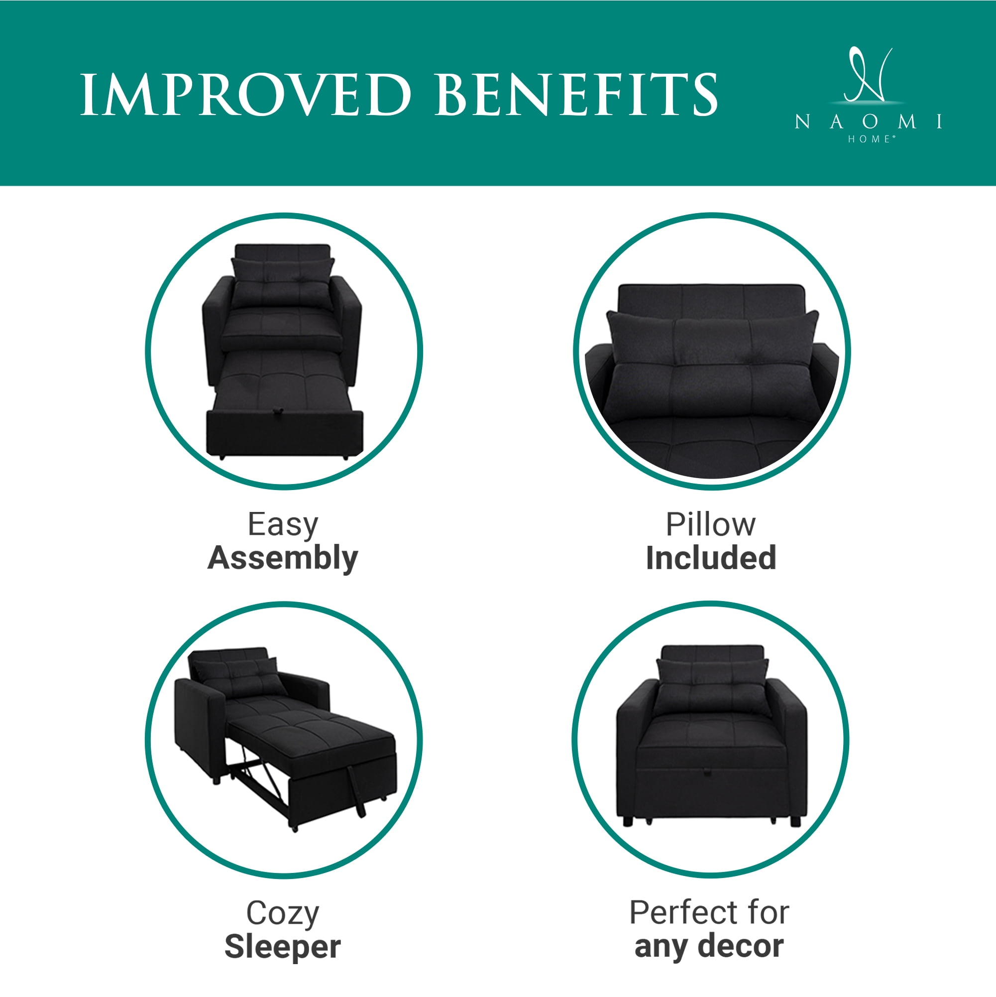 Convertible Sleeper Chair Bed, 3 in 1 Convertible Sleeper Sofa Bed, Linen Convertible Ottoman Bed, Adjustable Backrest, Modern Sleeper Chairs for Adults for Living Room -Color: Black, Fabric: Linen