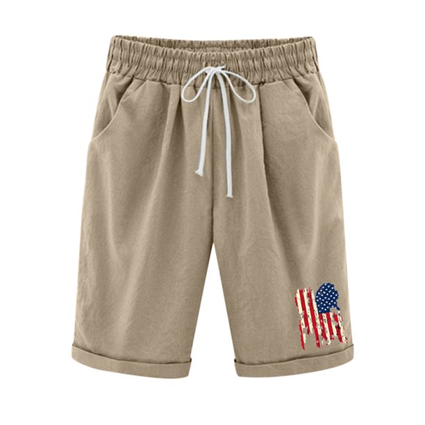 Pantalones cortos de lino y algodón de talla grande con estampado de bandera de verano para mujer con cinco puntos Pompotops ulkah937703
