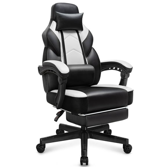 Walsunny Ergonomic Gaming Chair with Adjustable Footrest and Massage Leather Game Chair large gaming chair with Headrest and Lumbar Support for Adults, White