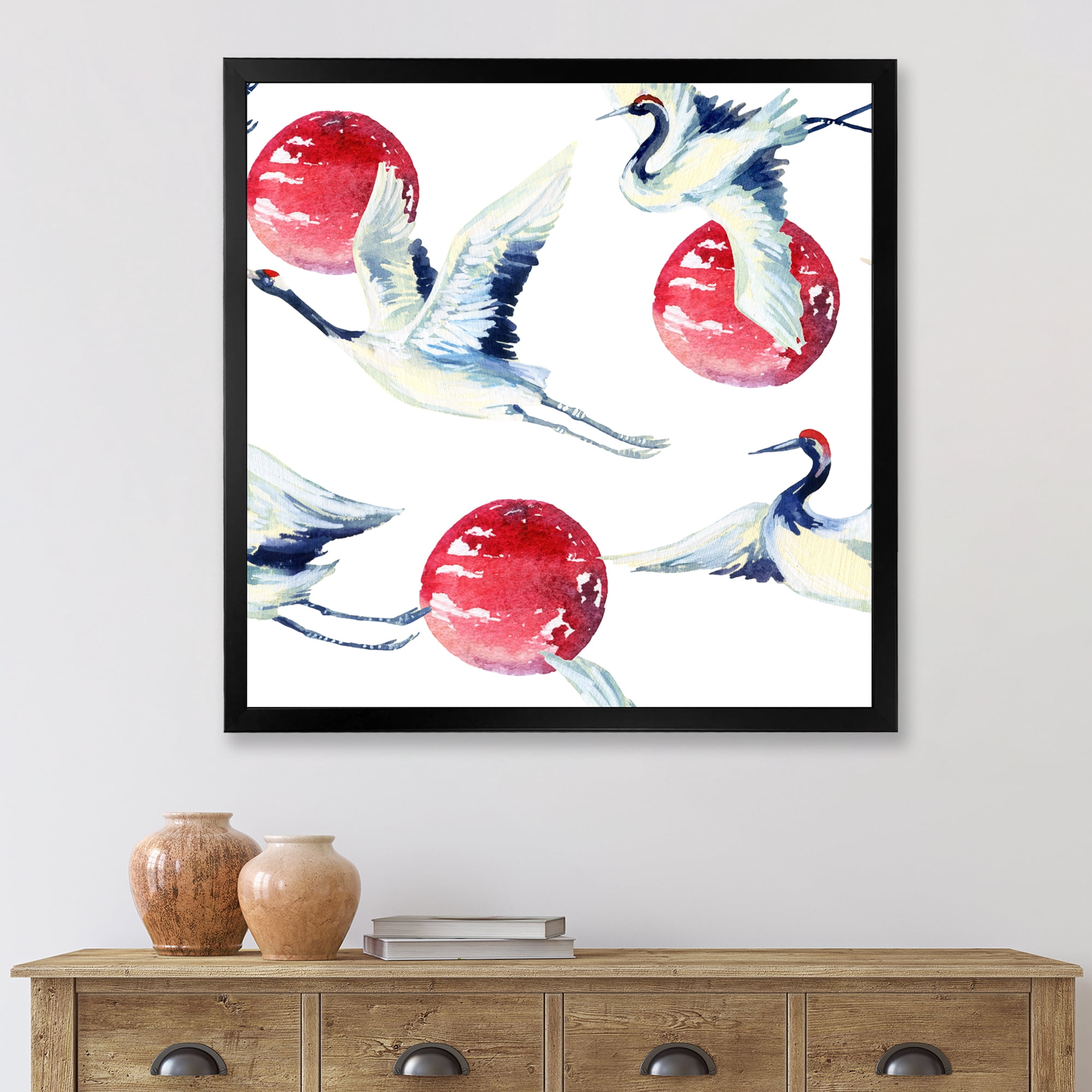 Designart 'Red Full Moon With Asian Crane Bird' Traditional Framed Art Print