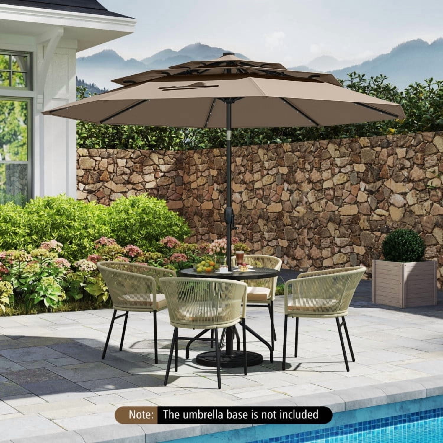 YYAo Outdoor Garden Umbrella,Market Umbrella,10 Feet Solar Patio Umbrella with 32 LED Lights 3-Tier Vented Top-Taupe