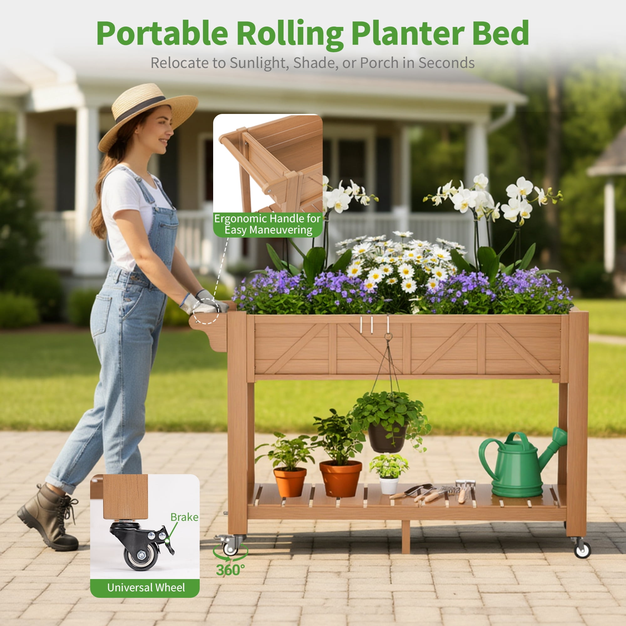 AwayHome 47.2"L x 17.3"W x 27.7"H 2-Tier Teak Outdoor Elevated Raised Garden Bed with Wheels&Handle