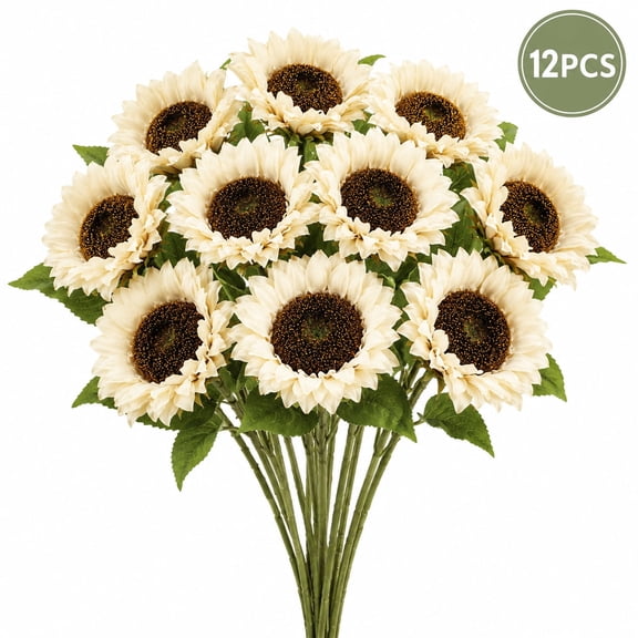 White Artificial Sunflowers with Stems, 12 Pcs Fall Autumn Thanksgiving Faux Sunflower Flowers Farmhouse Decorations for Vase Wedding Bouquet Table Centerpiece 18 Inch