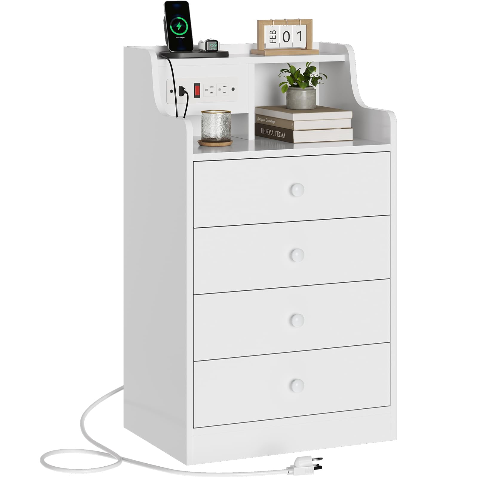 Afuhokles Set of 2 Nightstand with Charging Station, Bedside Table with 4 Drawers,End Table with Hutch, White