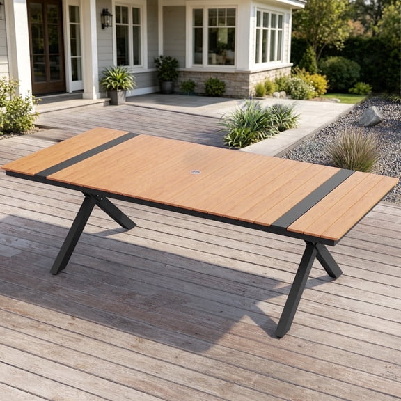 Crestlive Products 94" Outdoor Dining Table for 8-10, Aluminum Sturdy Frame with Umbrella Hole, Teak Wood-Grain Top