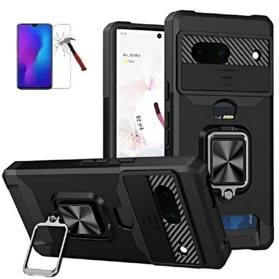 Phone Case for Google Pixel 7a Case, Ring Stand Card Slot Case Cover   Tempered Glass (Black)