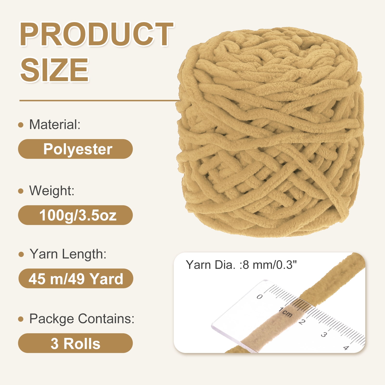 Uxcell 3 Pcs Blanket Yarn, 49 Yards Fluffy Velvet Plush Bulky Thick Chenille Chunky Yarn for Soft Velvet Blanket Shawl Scarf Crochet Hand Knitted Crafts, Khaki