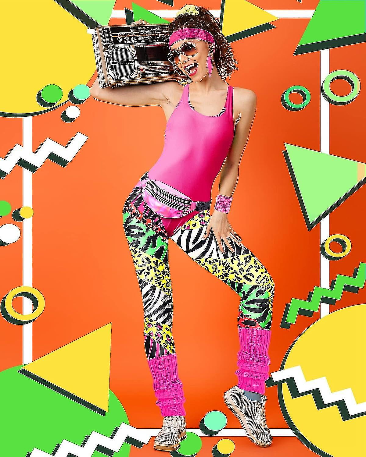 Set De 4 Accessoires De Costume Des Années 80 Et 90 Comprenant Sac De Ceinture Sac Banane En Cuir PU, Bandeaux Anti-Transpiration Bandeau Éponge De Poignet, Violet Et Rouge, Comme Le Montrent