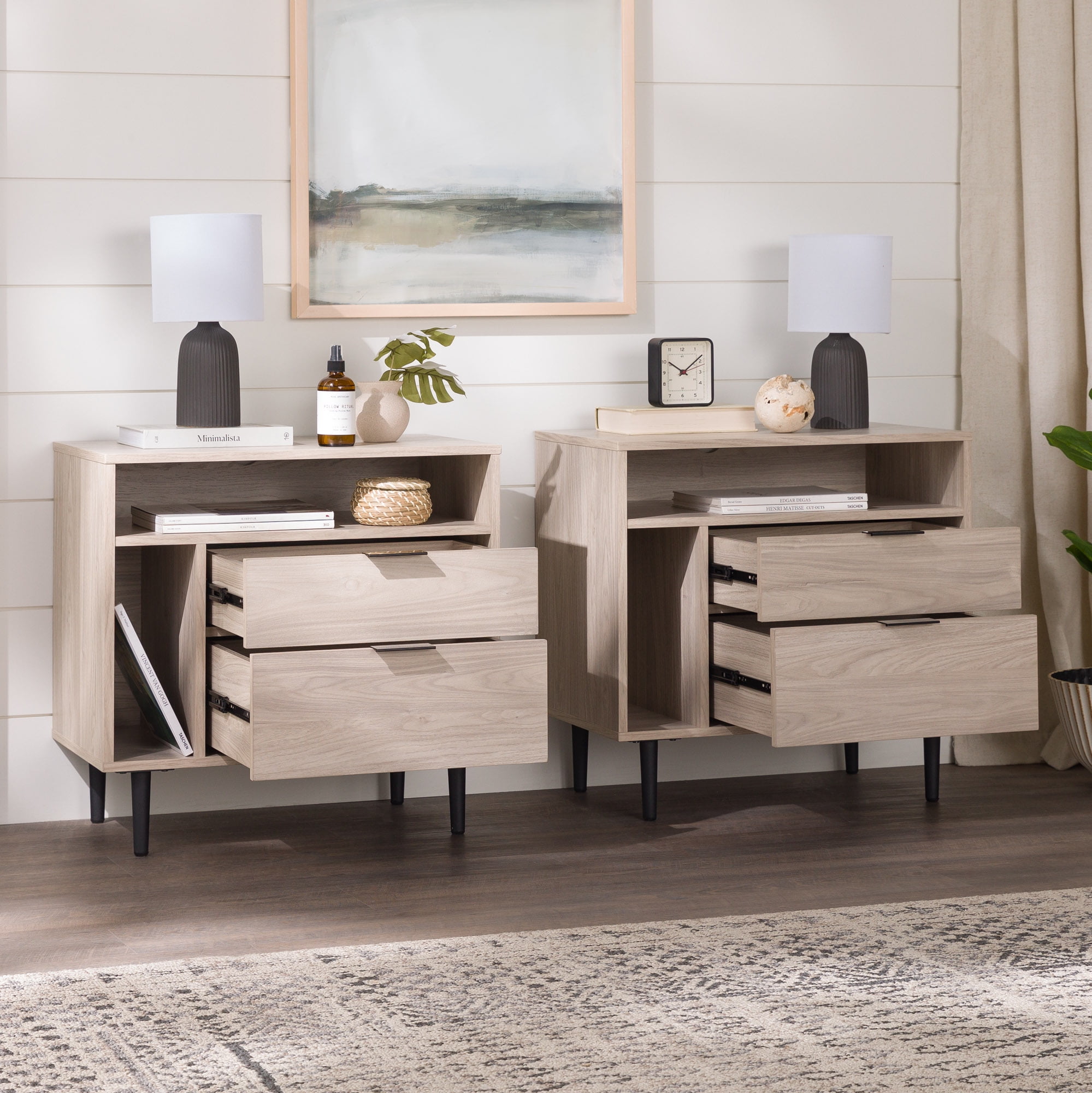 Walker Edison Modern 2-Drawer Nightstand, Set of 2, Birch