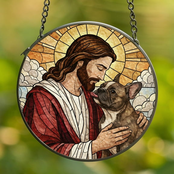 Lotusprinthandmade Jesus and French Bulldog Christian Gift Stained Glass Suncatcher for Window Hanging Cir4in, french bulldog with jesus art suncatcher