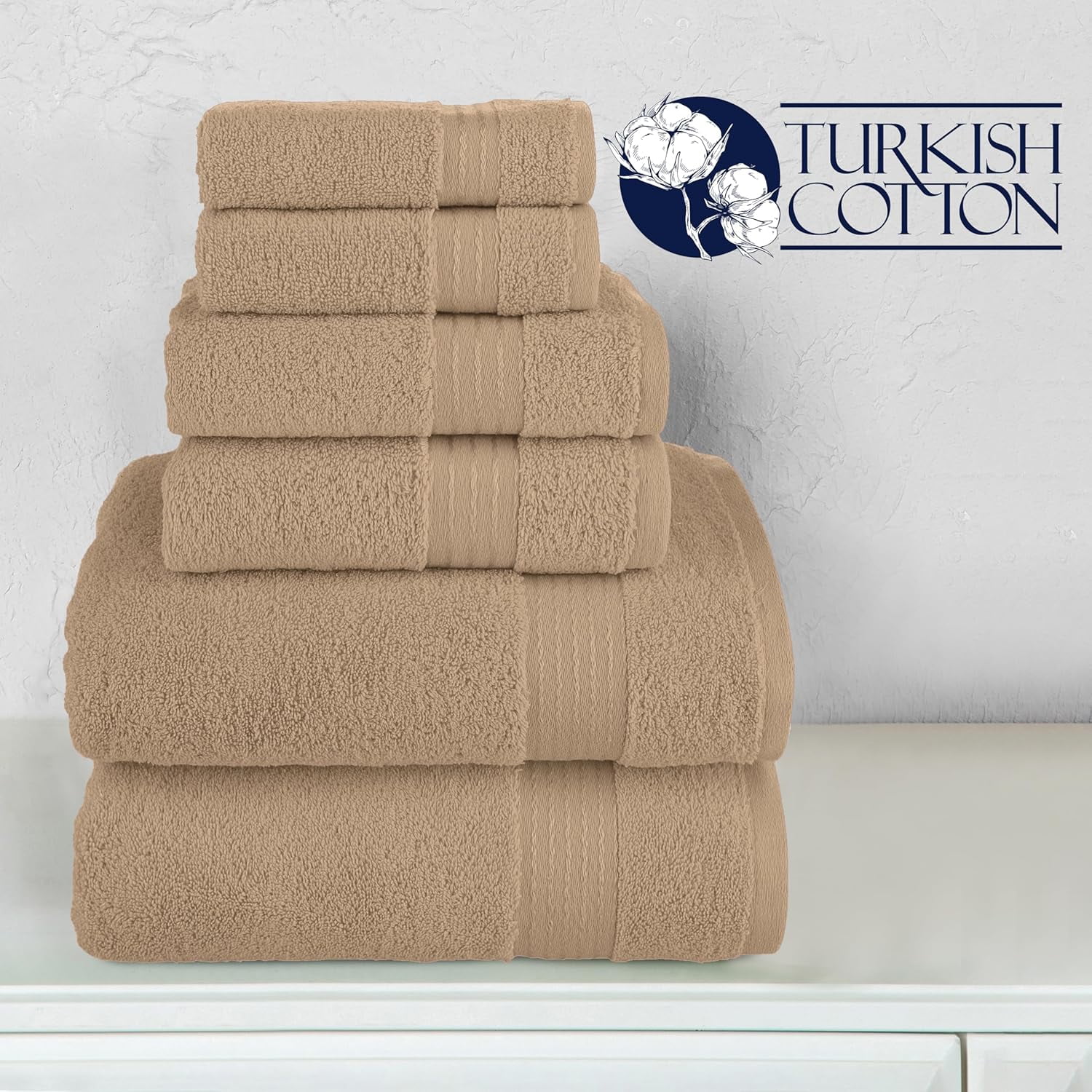Turkish Linens Luxury Spa and Hotel Quality Premium Cotton 6-Piece Towel Set (2 x Bath Towels, 2 x Hand Towels, 2 x Washcloths), Taupe