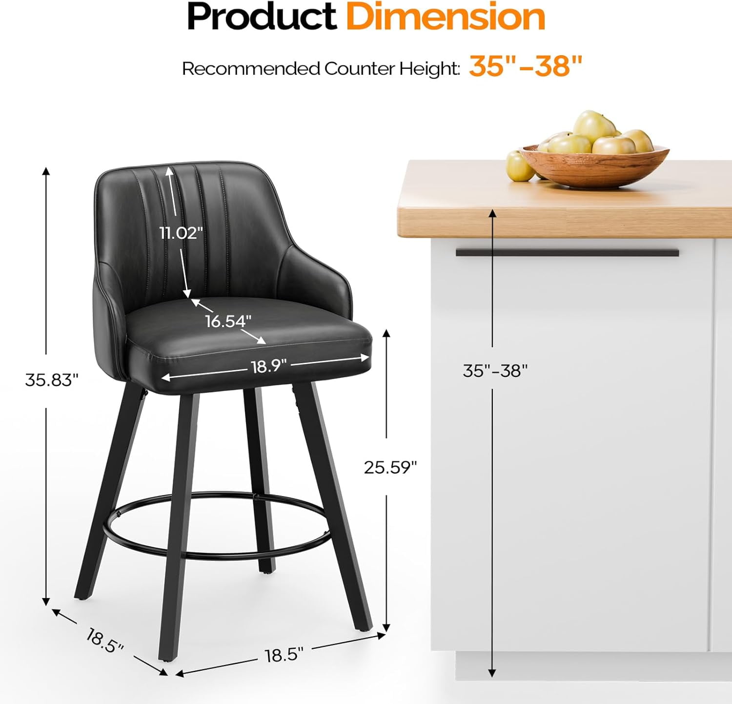 VINGLI 26" H Swivel Barstools Set of 2, PU Leather Upholstered Counter Stool with Back, Kitchen High Chairs Counter Height Bar stools with Cushion, Solid Wood Legs, Black