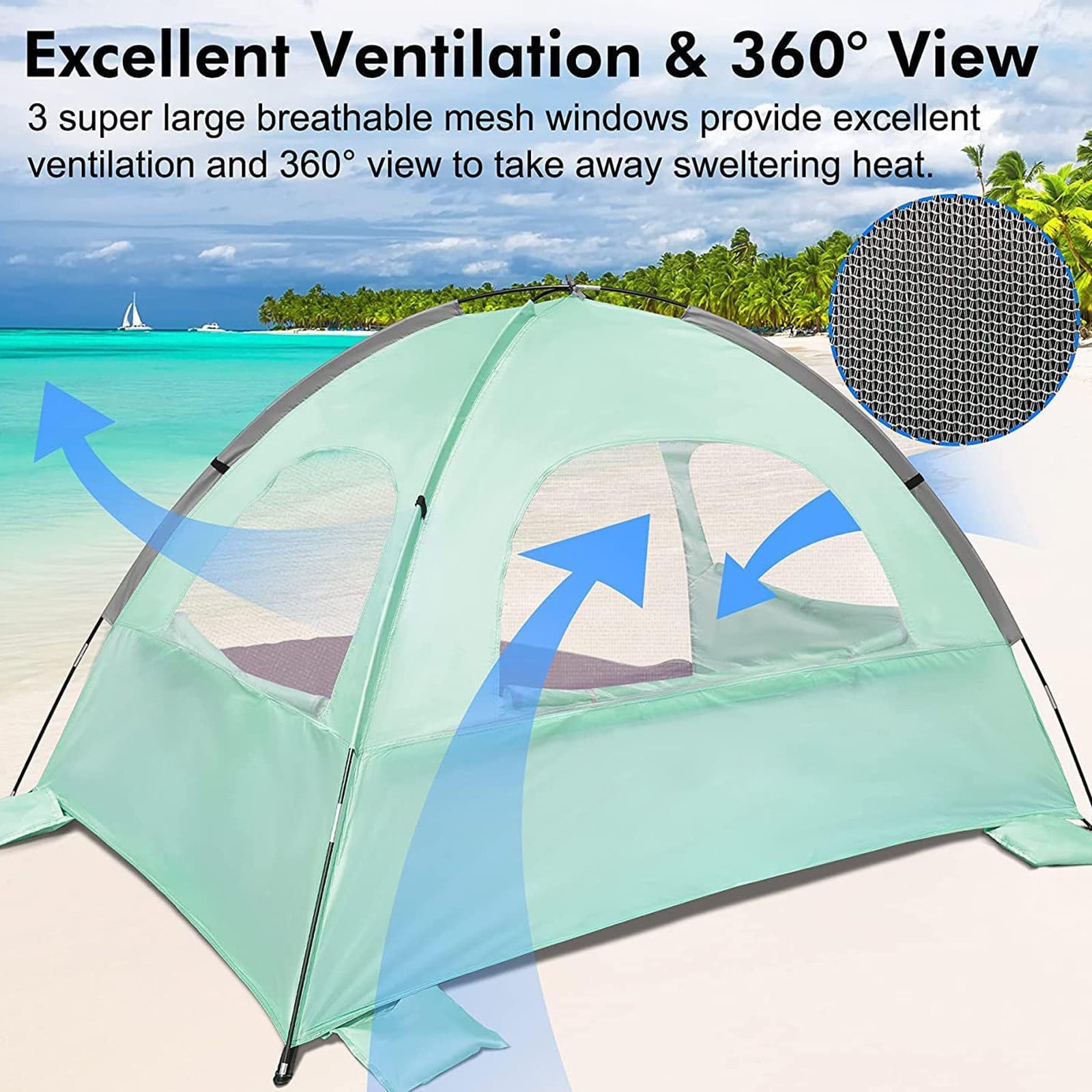 Beach Tent 3 4 Person UPF 50 Plus Sun Shelter Sky Blue Green, 210x140x115 cm, Portable Beach Camping Shade, Fiberglass Poles, 3 Way Ventilation, Sandbags, Stakes