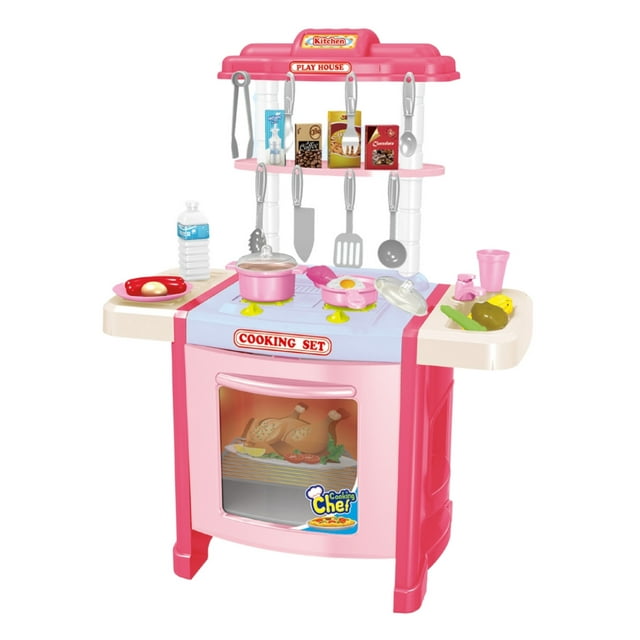 pingüe® - set a escala cocina de juguete infantil | 42 piezas con luces y sonidos: cocinita infantil multicolor 70 x 50 x 25 cm, vista frontal 3/4 con horno de puerta transparente y etiqueta 'COOKING SET', placa con olla y sartén, repisa superior con colgadores y utensilios de plástico (espátula, cucharón, cuchara), platos y alimentos simulados, botella y vasos; diseñada para juego de imitación y accesorios didácticos, adecuada para usar también como escenario de juego de roles en fiestas infantiles.