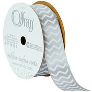 Offray Ribbon, Chevron Silver 7/8 inch Single Face Satin Polyester Ribbon, 9 feet