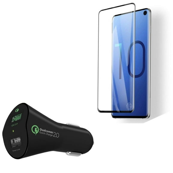 Galaxy S10  30W Fast Car Charger w Tempered Glass Screen Protector - 2-Port USB Power Adapter, [Fingerprint Works] 3D Curved Edge Full Cover for Samsung Galaxy S10
