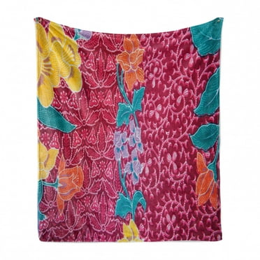East Soft Flannel Fleece Throw Blanket, Colorful Blossoms in the Style of Balinese Batik Eastern Traditional Image Print, Cozy Plush for Indoor and Outdoor Use, 60" x 80", Multicolor, by Ambesonne
