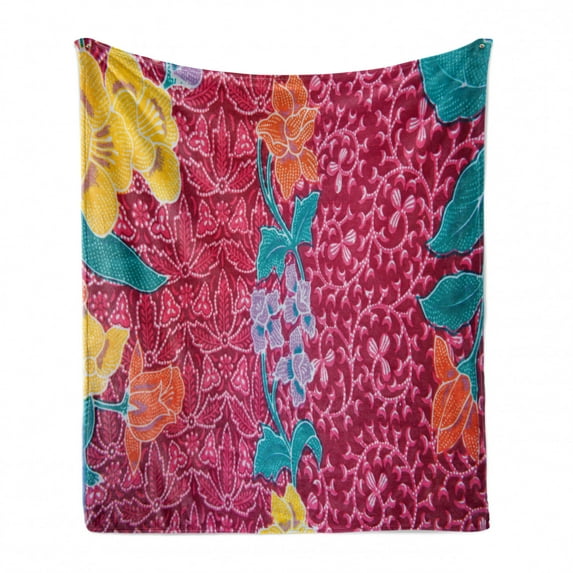 East Soft Flannel Fleece Throw Blanket, Colorful Blossoms in the Style of Balinese Batik Eastern Traditional Image Print, Cozy Plush for Indoor and Outdoor Use, 50" x 60", Multicolor, by Ambesonne