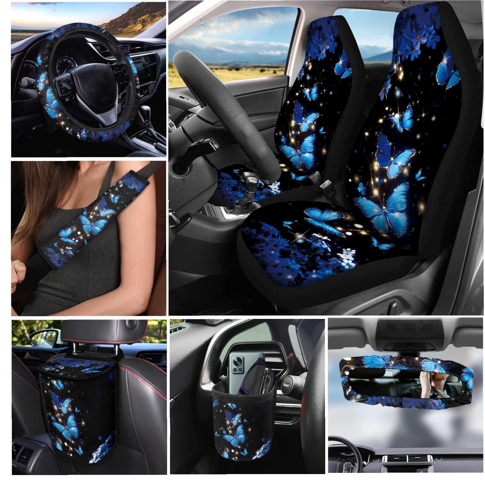 Jeiento Butterfly Car Front Back Seat Covers with Steering Wheel Cover Seat Belt Pads Cup Coasters Garbage Cans Rear View Mirror Cover Keychain Blue Air Vent Storage Holder Set of 15