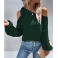 thumbnail image 3 of Blusa informal elegante de gasa con puños elásticos y mangas abullonadas de Color puro con nudo y hombros descubiertos para mujer verde oscuro L, 3 of 7