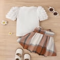 thumbnail image 4 of WISWELL Infant Baby Girl Summer Clothes Toddler Kids Puff Sleeve Short Sleeve T Shirt Tops  Plaid Skirts Princess Outfits Set , White 9-12 Months, 4 of 8